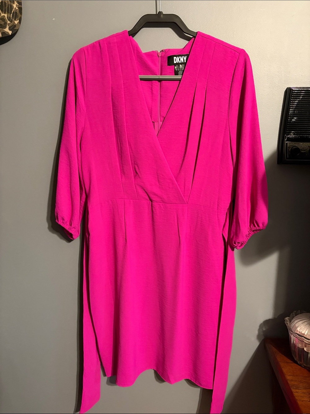 DKNY Bright Fuchsia V-Neck Long Sleeve Dress